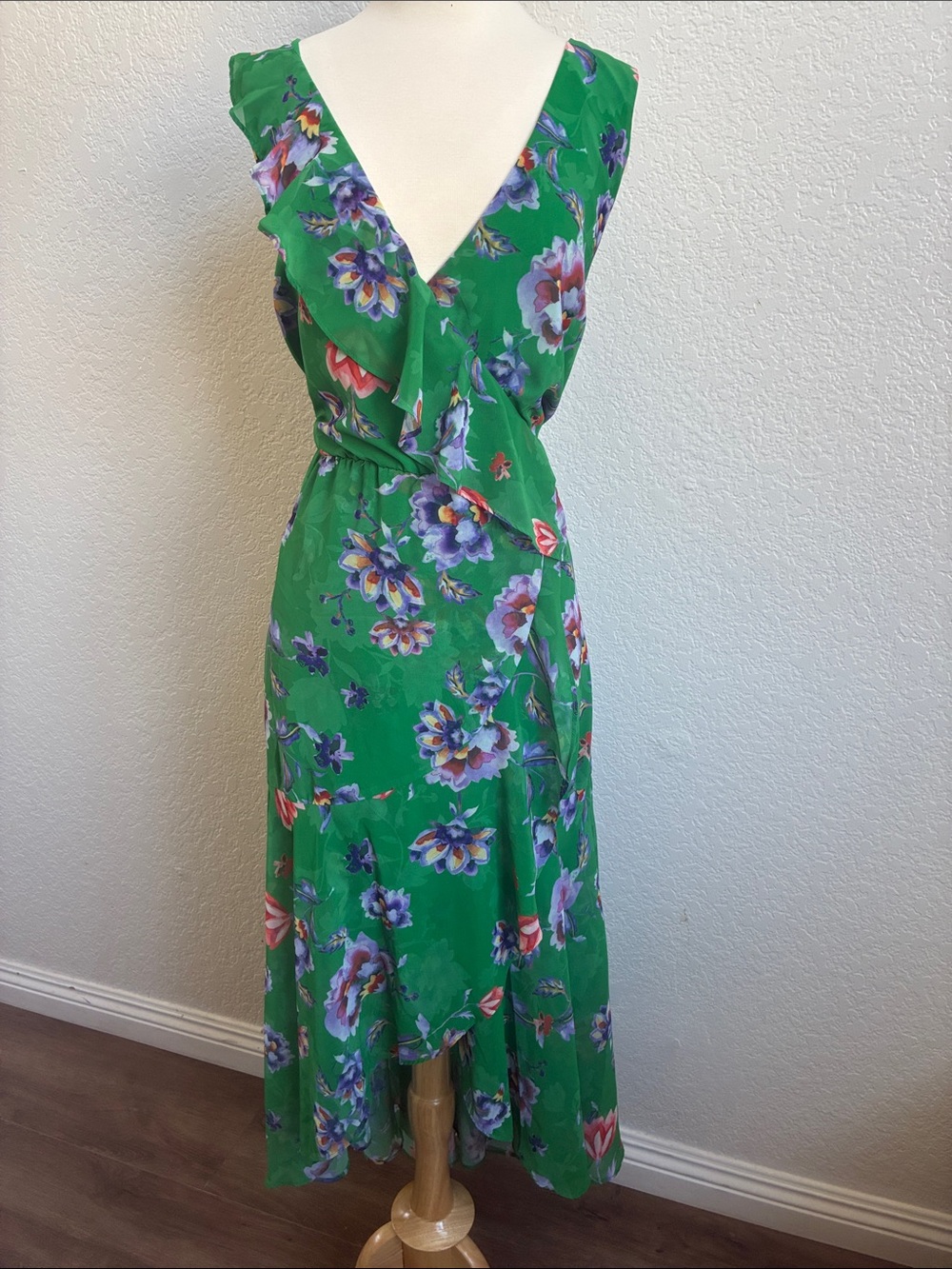 Bar III Green Floral Ruffle Wrap Maxi Dress